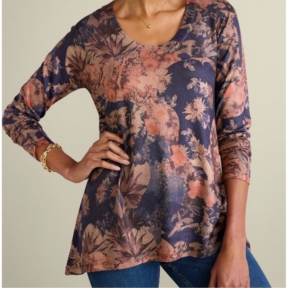 Soft Surroundings Tunic Blouse Top Women's Medium Boho Bird Print Floral Artsy